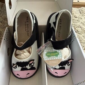 Girls' Cow Mary Jane Shoes in White, Black & Pink SQUEAKY SHOES!